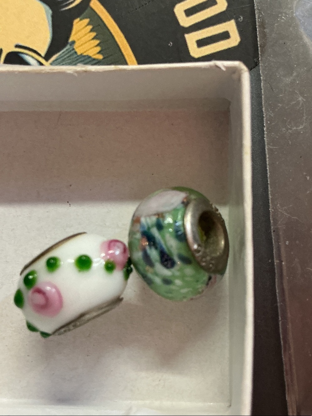 925 Ceramic Bead Pair - White Pink Rose & Green Swirl